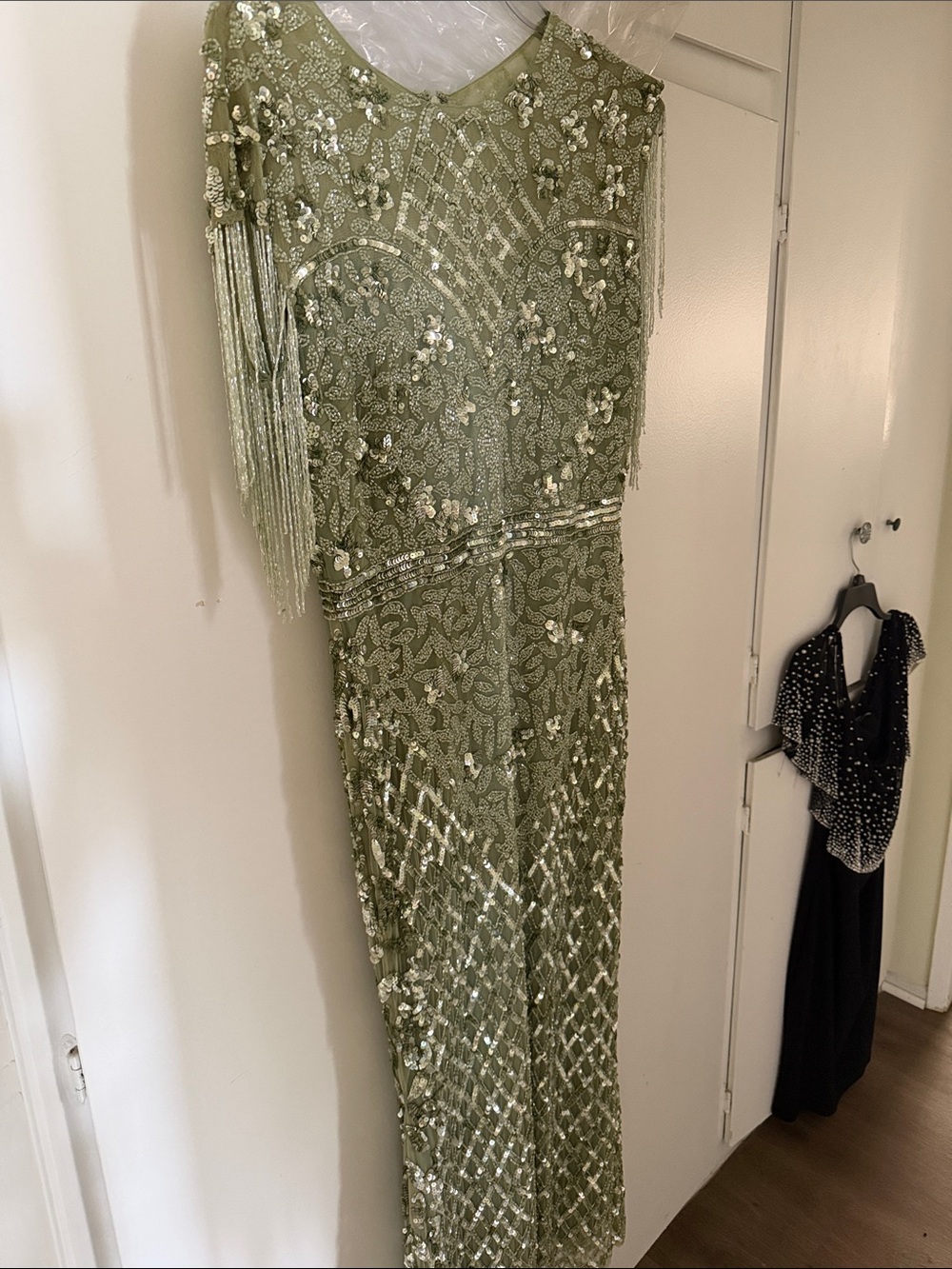 Mac Duggal Olive Green Beaded Fringe Maxi Dress